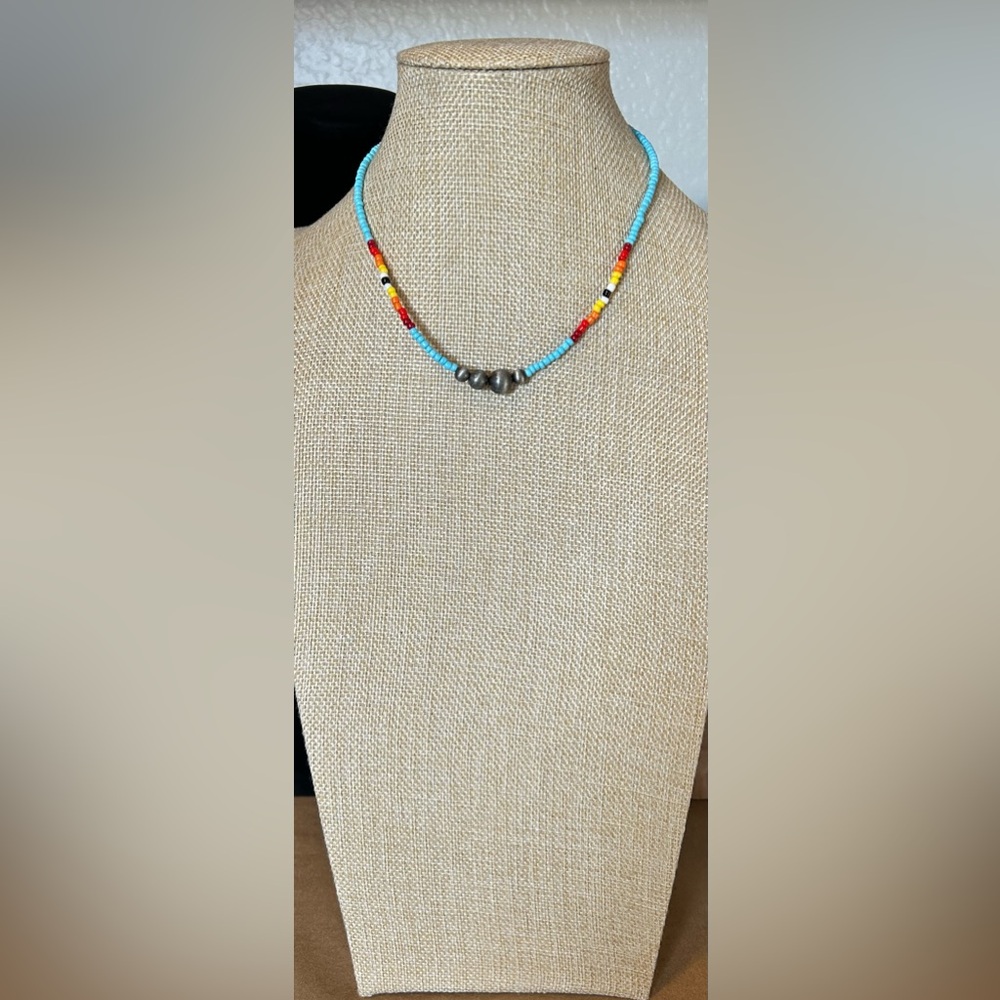 Navajo Pearl Inspired Native Handmade Wire Choker with Adjustable Extender.